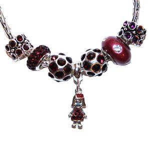 DaVinci Charm Bracelet 8.5" w/ 7 Beads - Girl Daughter Girlfriend Garnet Red CZ